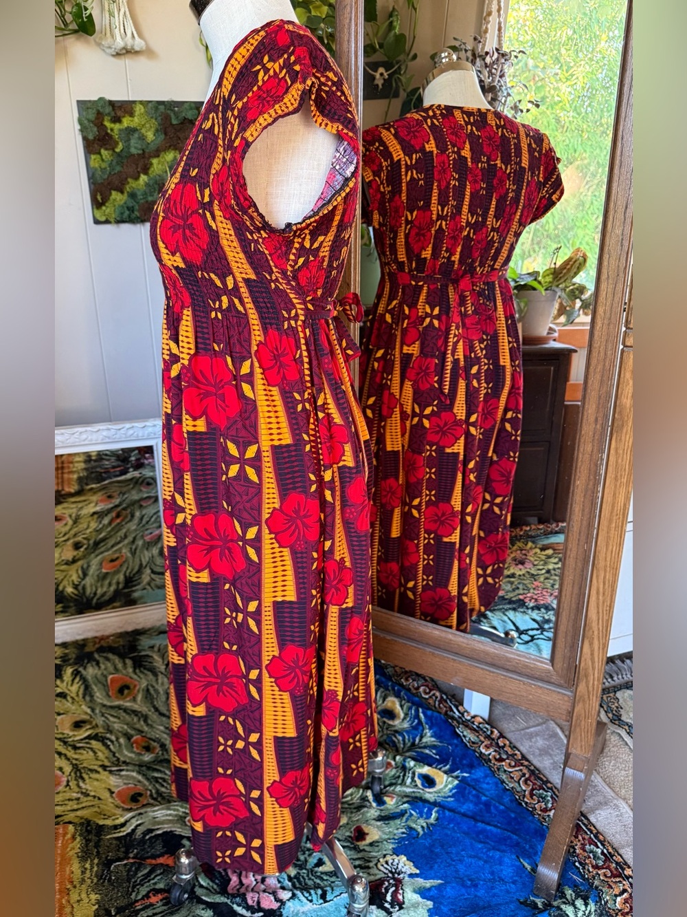 Mesian Original Style Tropical Floral Smocked Midi Dress, size XL - Picture 5 of 9